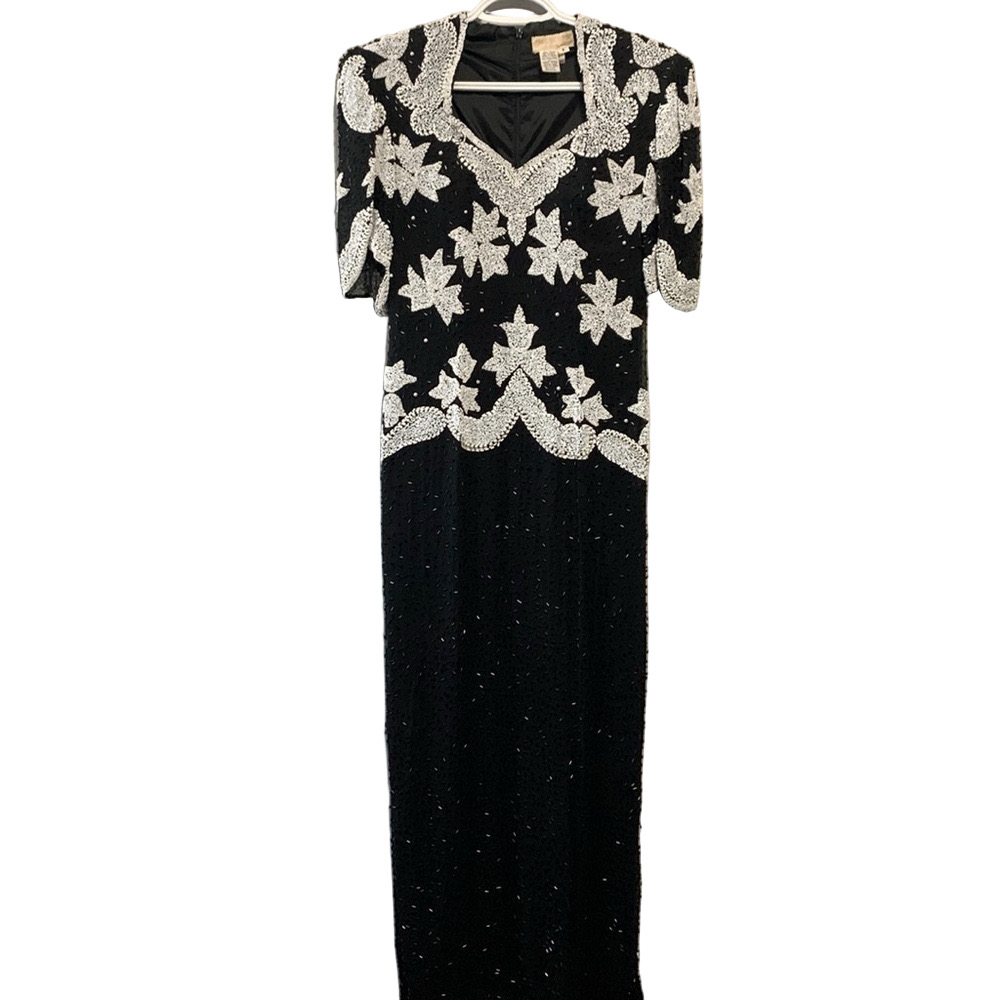 Mezza Luna Vintage Silk Beaded Black White Party Cocktail Evening Dress Size 8
